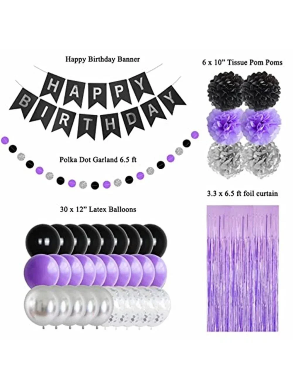 Birthday Decorations Balloons Banner Party Supplies Black Purple Silver Set